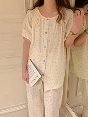 Floral Print Pajama Set Short Sleeve Button Top & Pants