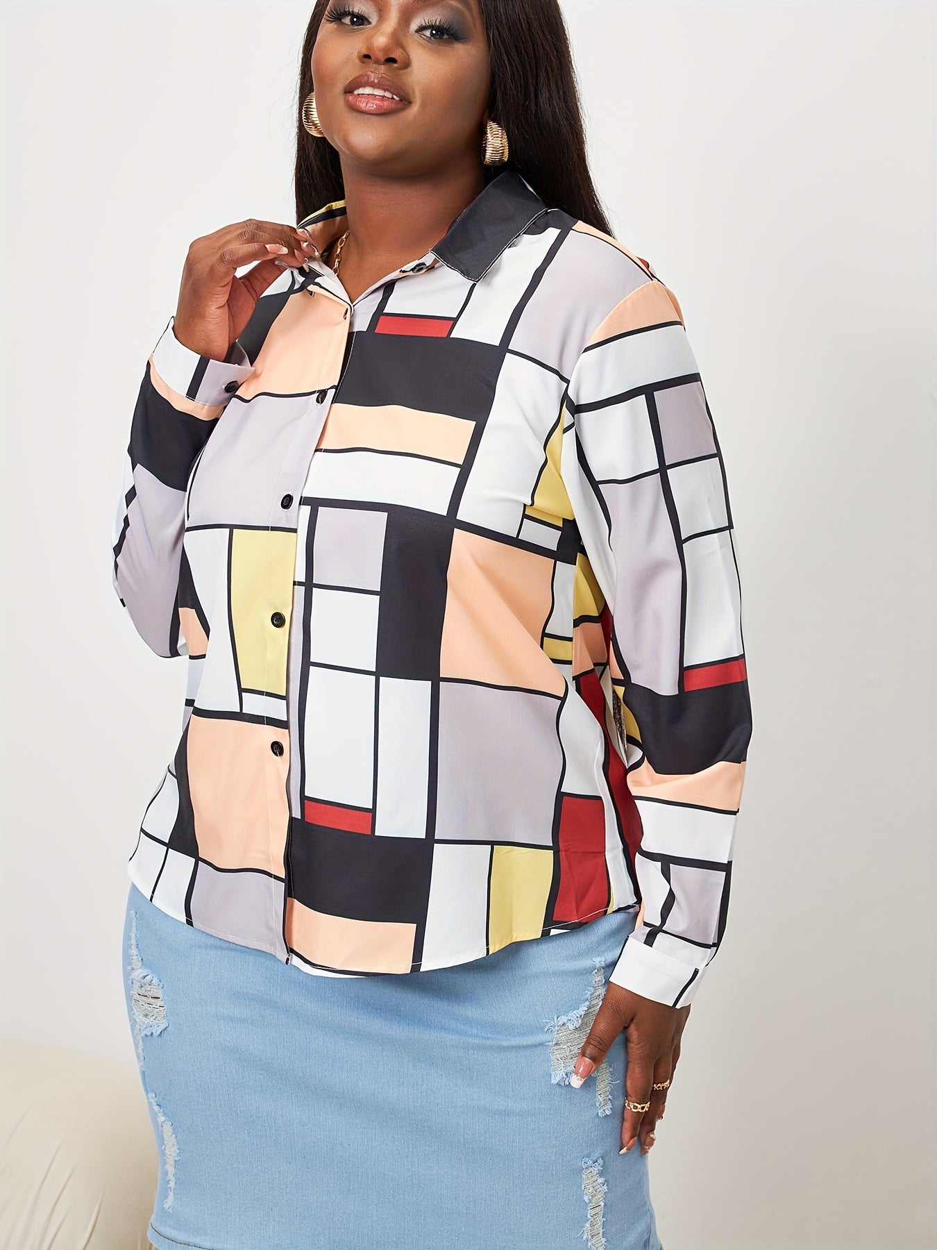 Colorblock Geometric Print Blouse Long Sleeve