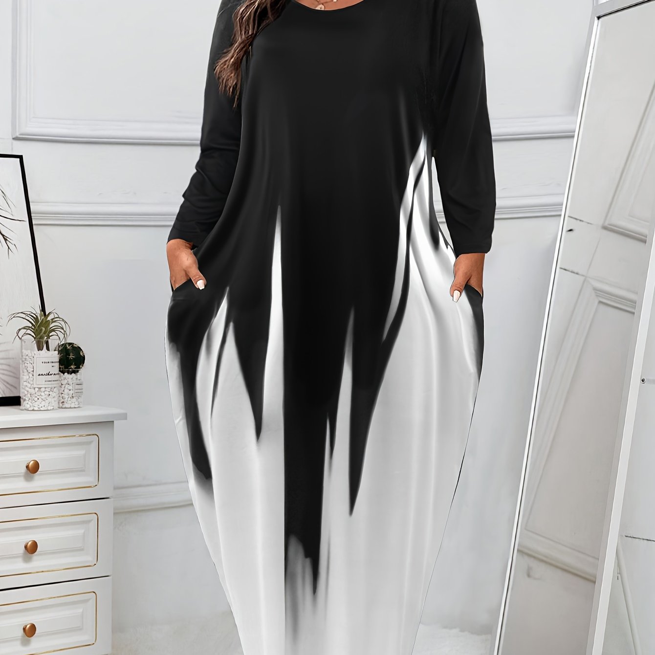 Ombre Long Sleeve Maxi Dress With Pockets