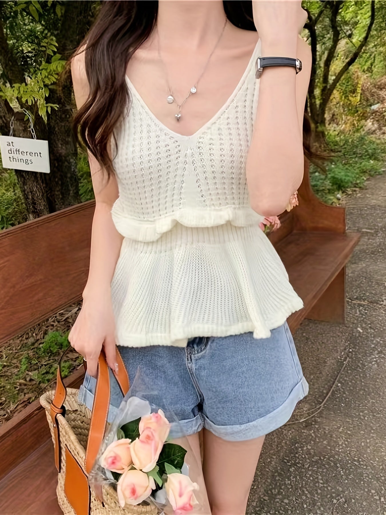 Ruffle Trim Tank Top Sleeveless Solid Summer Sexy Top