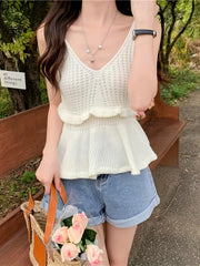 Ruffle Trim Tank Top Sleeveless Solid Summer Sexy Top