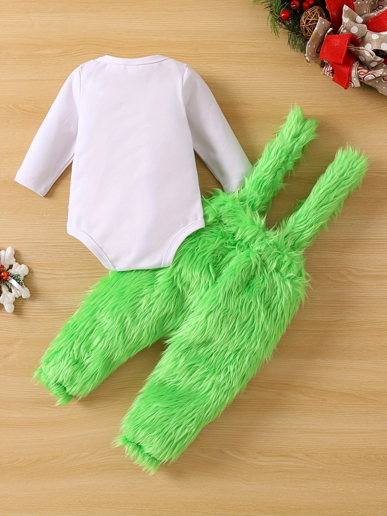 Baby Christmas Outfit Funny Graphic Romper Green Fuzzy Suspender Pants Set