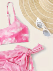Pink Tie Dye Swimsuits Set Round Neck Tie Side Wrap Beachwear