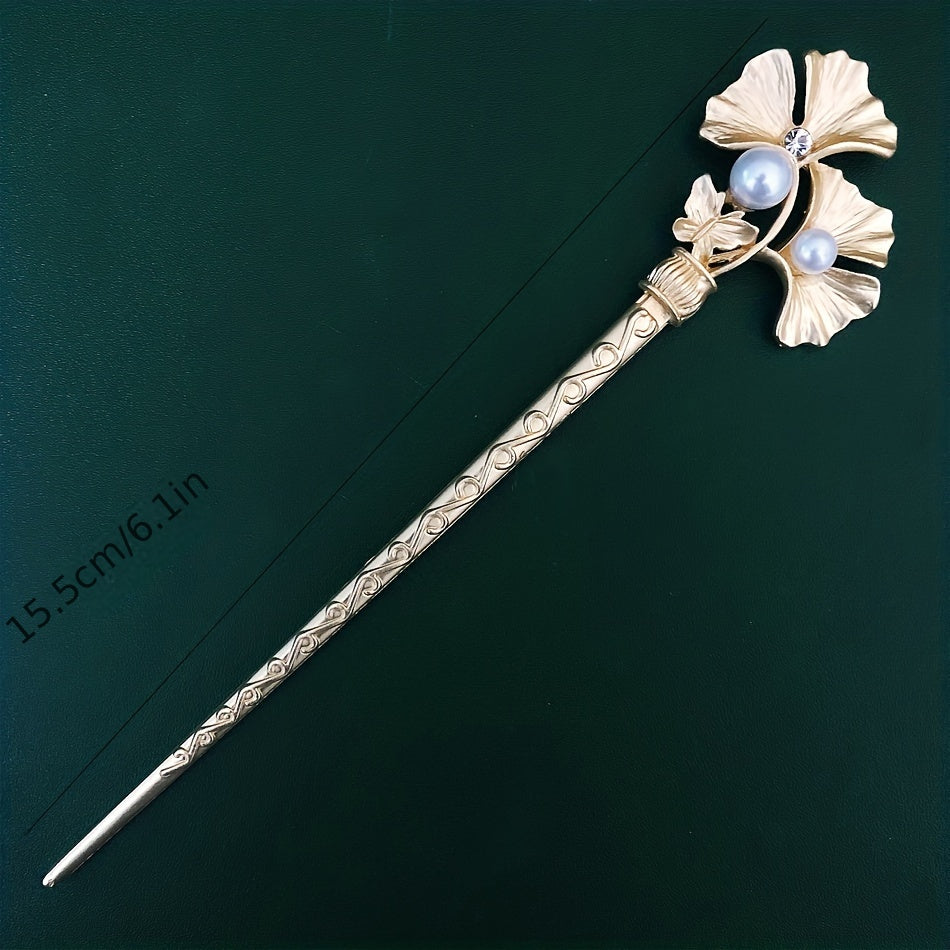 Vintage Ginkgo Leaf Hairpin Faux Pearl Hair Stick