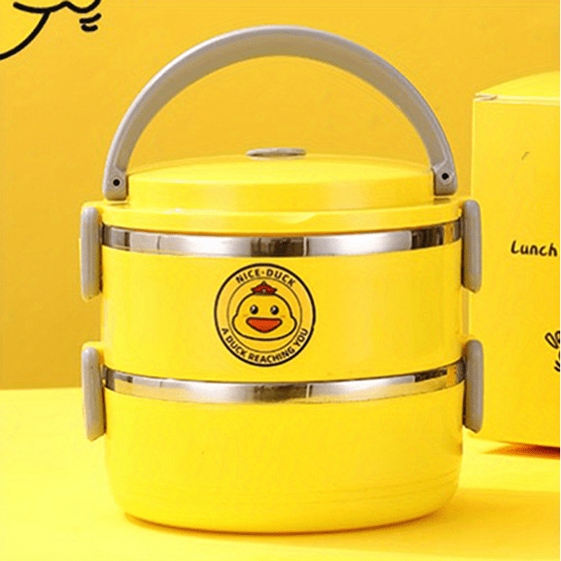Insulated Stainless Steel Lunch Box Yellow Duck Pattern 3 Layers Soup Container