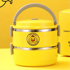 Insulated Stainless Steel Lunch Box Yellow Duck Pattern 3 Layers Soup Container