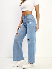Frayed Trim Straight Jeans Boyfriend Style Wide Legs