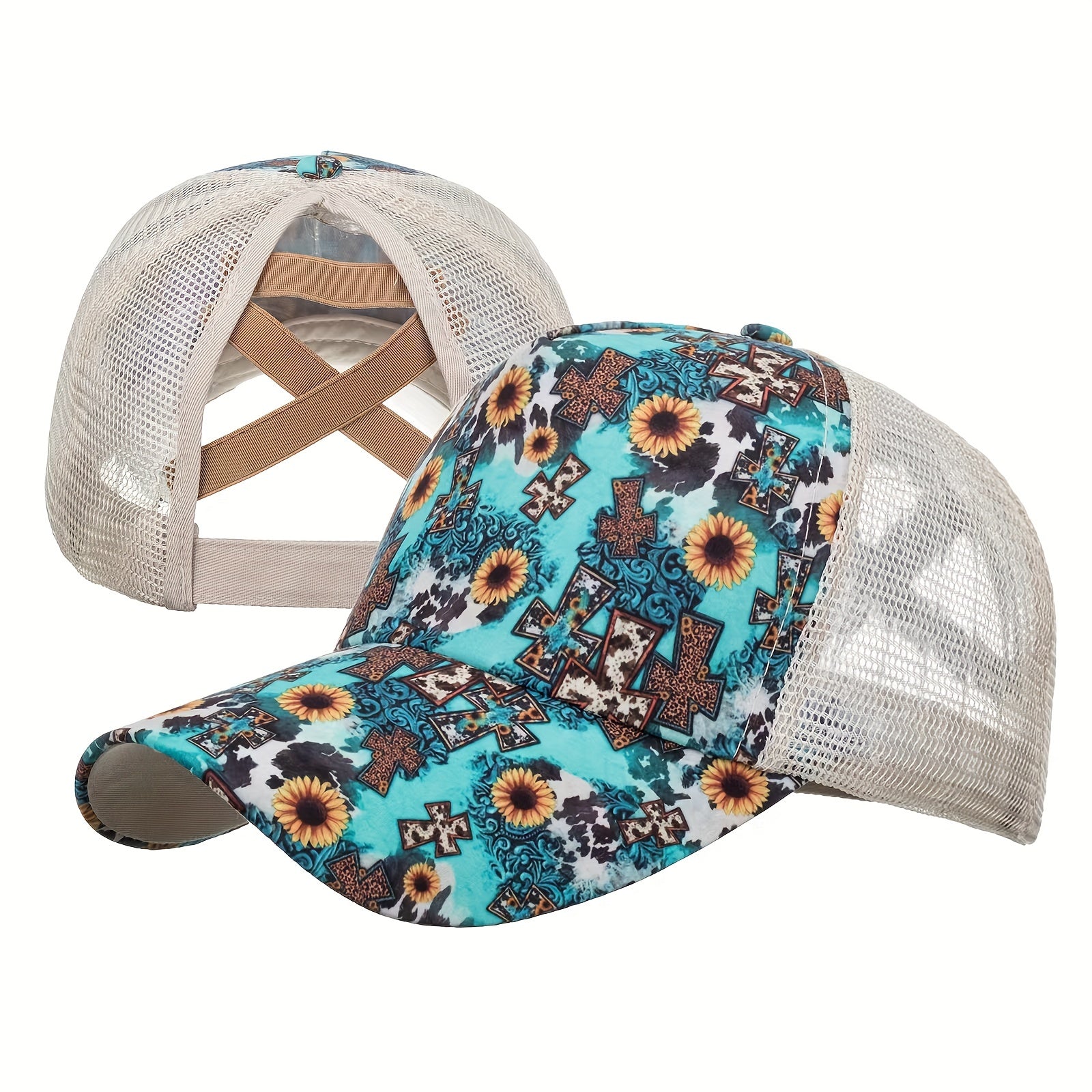Sunflower Print Ponytail Baseball Cap Mesh Adjustable Trucker Hats