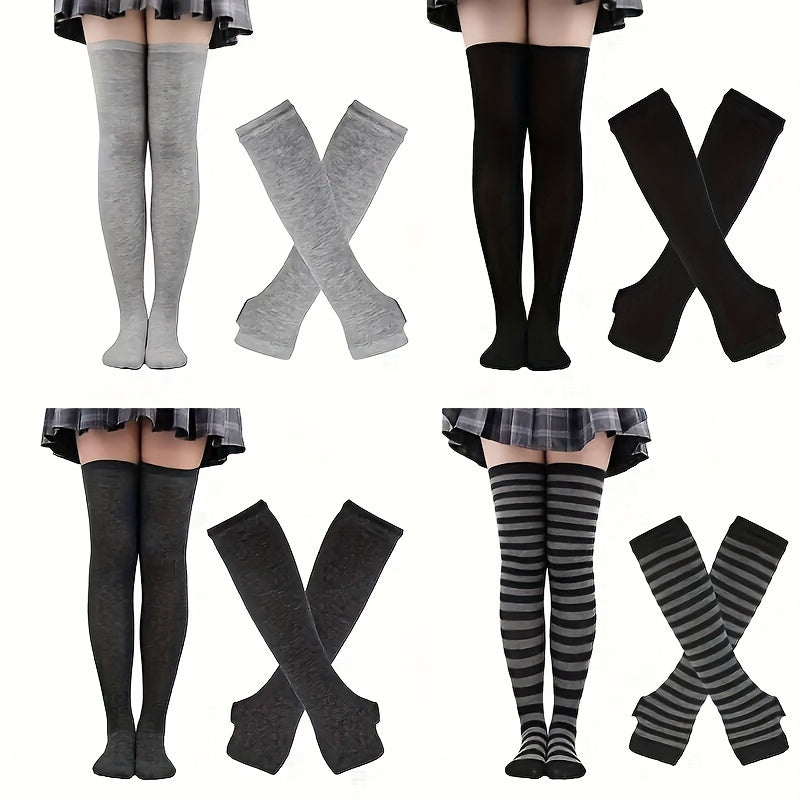 Teenagers Colorful Striped Thigh High Stockings & Fingerless Gloves Set