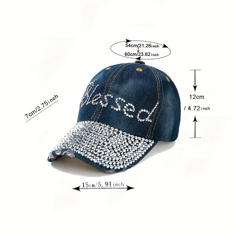 Blessed Rhinestone Denim Baseball Cap Lightweight Adjustable Casual Hat