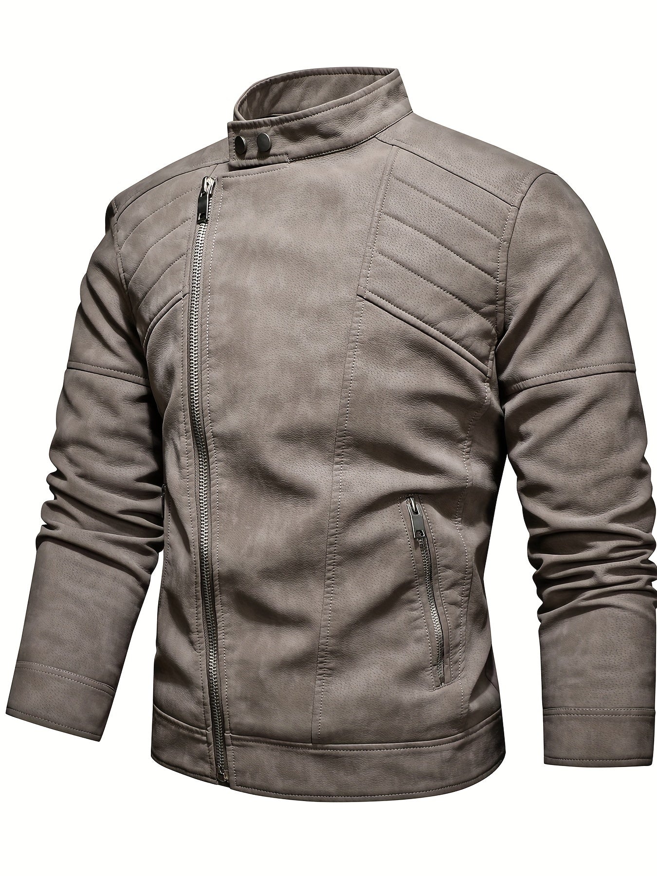 Men's PU Leather Fleece Winter Jacket with Diagonal Zipper