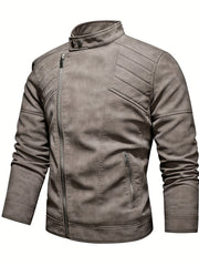 Men's PU Leather Fleece Winter Jacket with Diagonal Zipper
