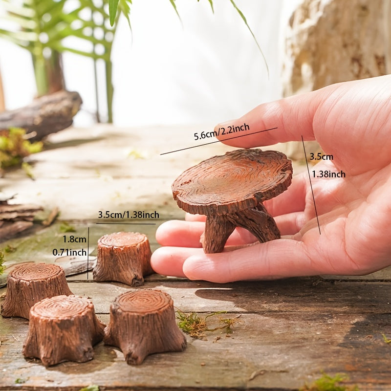 5pcs Mini Wooden Pile Table Chair Resin Ornaments Gardening Landscape Accessory