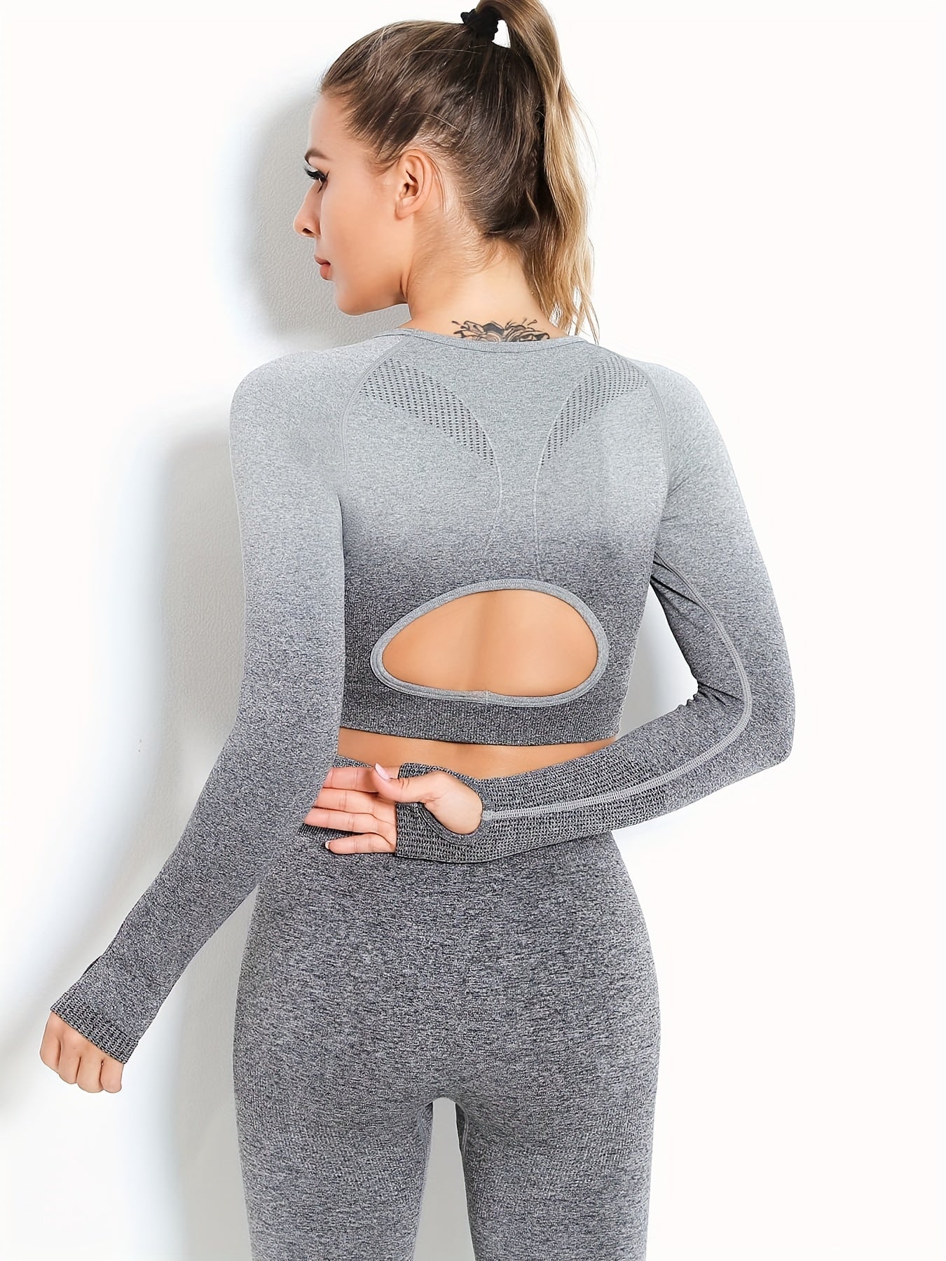 Ombre Hollow Out Long Sleeve Top & Leggings Set, Women's Activewear