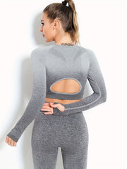 Ombre Hollow Out Long Sleeve Top & Leggings Set, Women's Activewear