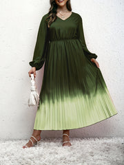 Ombre Print Long Sleeve V Neck Pleated Dress