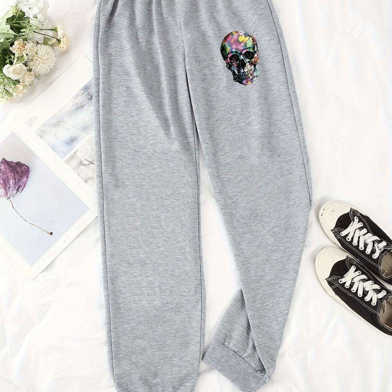 Skull Pattern Drawstring Joggers Casual Pants for Women