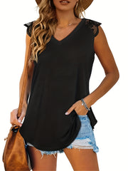 V Neck Tank Top Lace Stitching Sleeveless Summer Casual