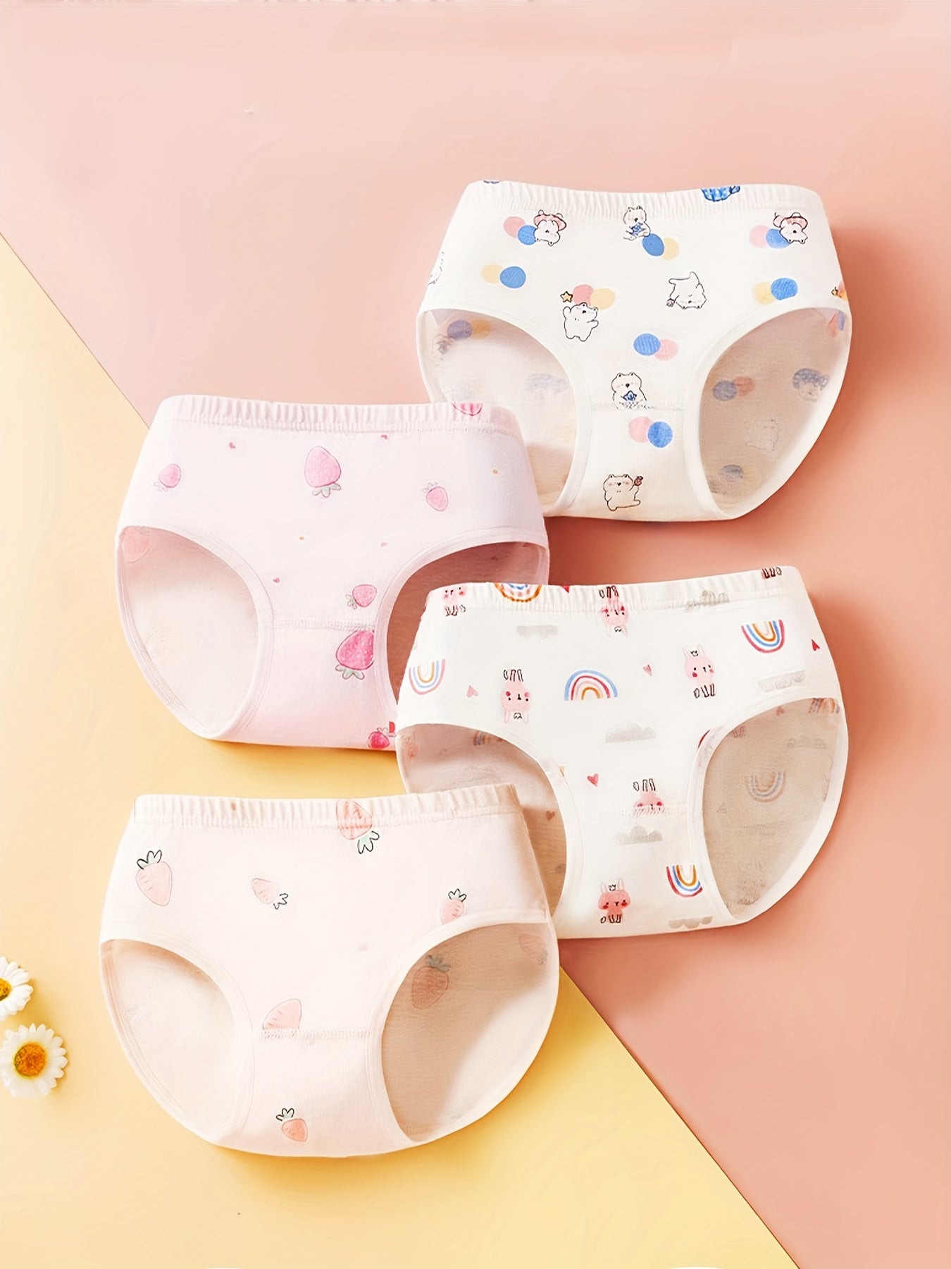 4pcs Girl's Cartoon Triangle Panties Elastic Waist Cotton Underwear