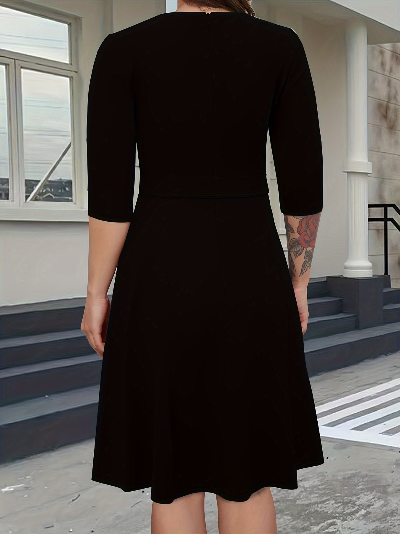 Solid Button Decor Half Sleeve Dress