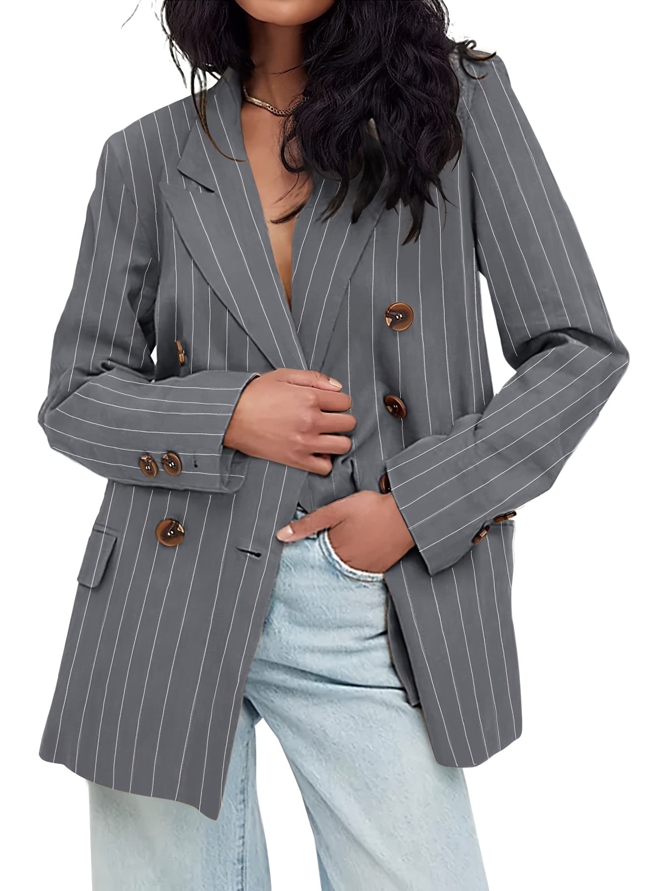 Striped Print Lapel Blazer Open Front Long Sleeve Outerwear