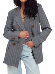 Striped Print Lapel Blazer Open Front Long Sleeve Outerwear