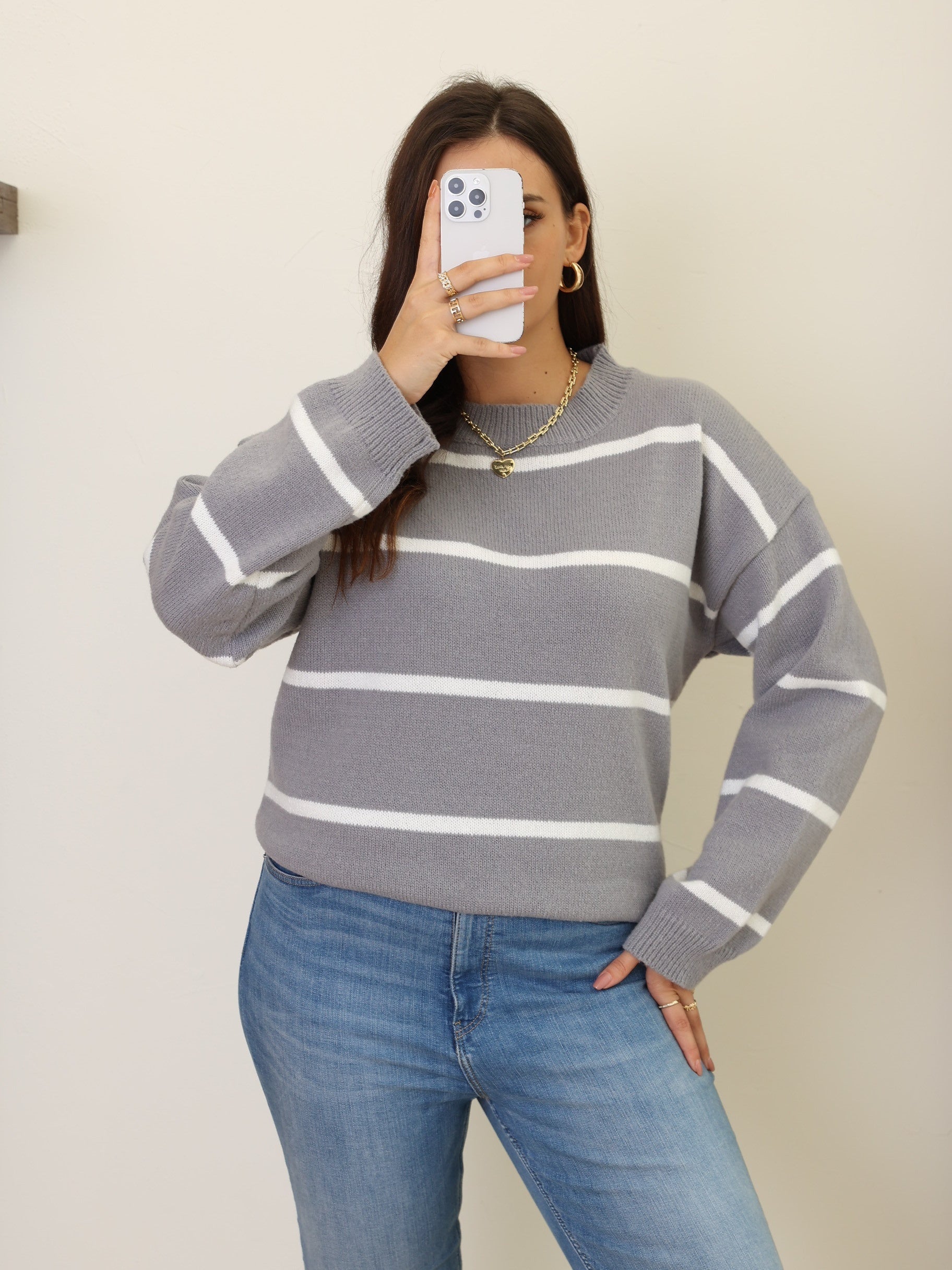 Casual Sweater Women's Plus Stripe Print Long Sleeve Round Neck Jumper