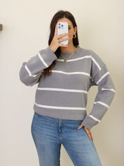 Casual Sweater Women's Plus Stripe Print Long Sleeve Round Neck Jumper