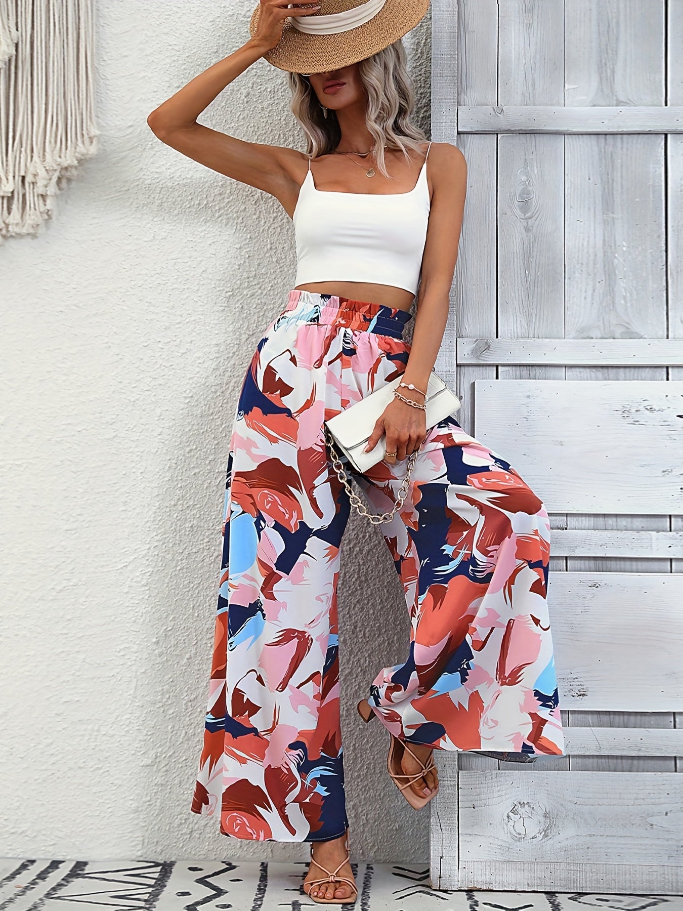 Abstract Print Wide Leg Pants Elastic Waist Vacation Pants