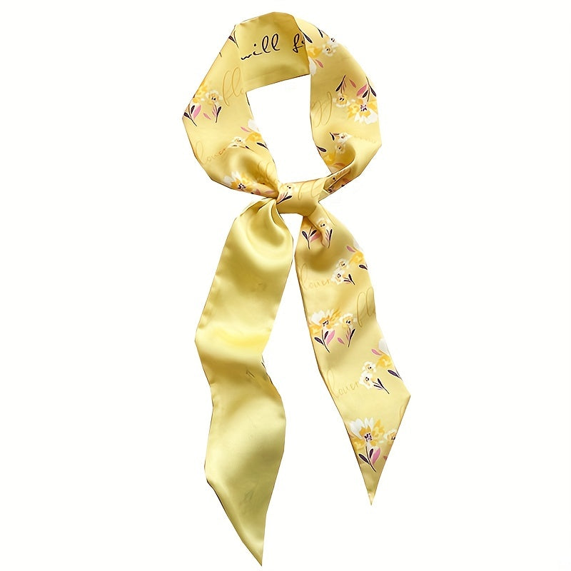 Yellow Floral Print Skinny Scarf Head Hair Ribbon Handbag Wrap Neckerchief