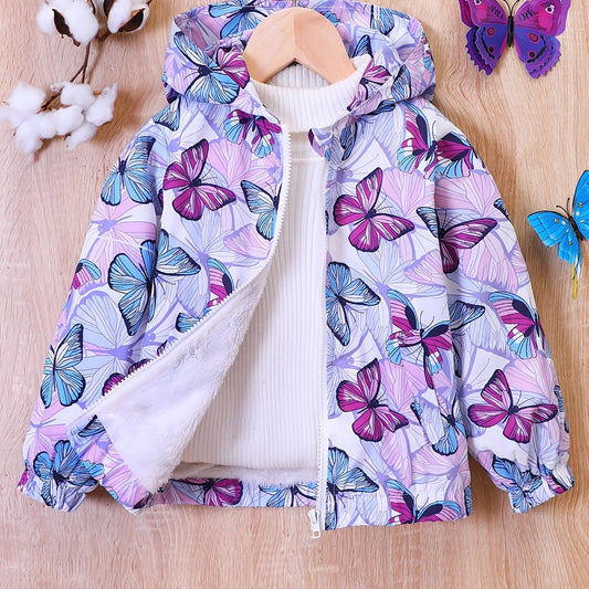 Butterfly Print Hooded Coat Girls Fleece Lined Zipper Closure Winter Warm Jacket