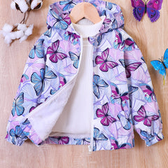 Butterfly Print Hooded Coat Girls Fleece Lined Zipper Closure Winter Warm Jacket
