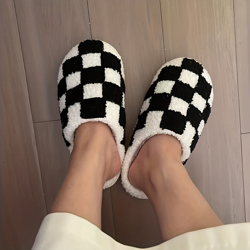 Checkerboard Pattern Slippers Plush Lined Shoes