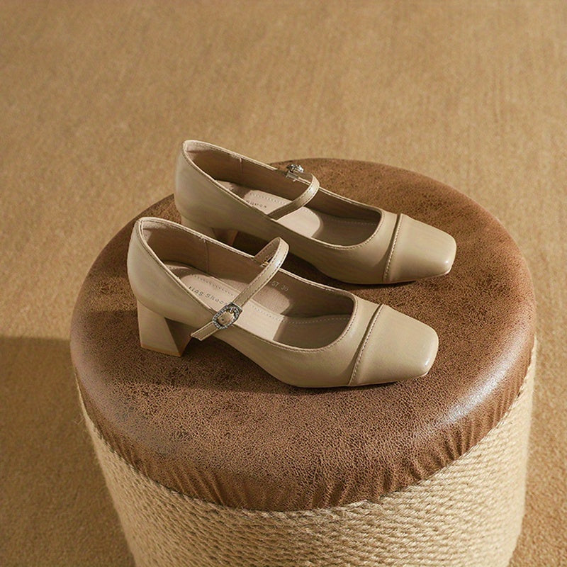 Chunky Heel Square Toe Pumps Faux Leather Buckle Strap