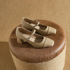 Chunky Heel Square Toe Pumps Faux Leather Buckle Strap