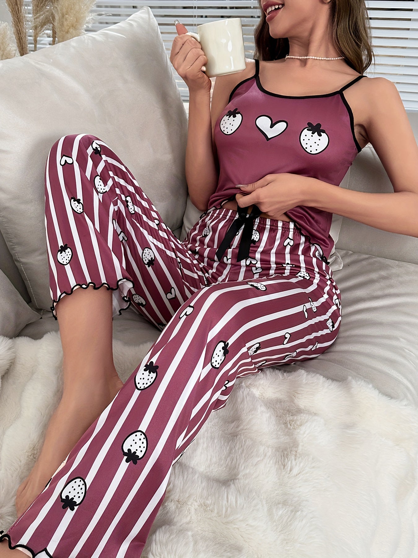 Strawberry Print Pajama Set Crew Neck Cami Top & Striped Pants