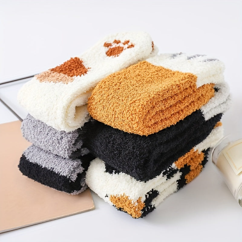 6 Pairs Cat Claw Print Socks Comfy & Warm Fuzzy Mid Tube Socks