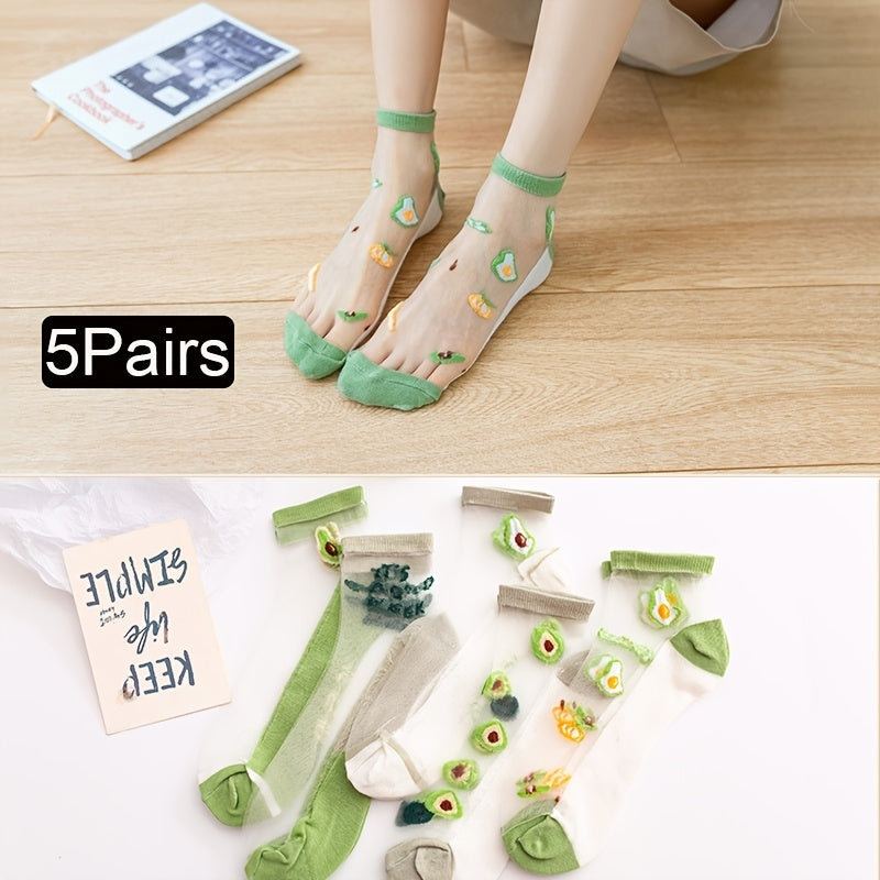 5 Pairs Avocado Pattern Crystal Glass Socks for Women