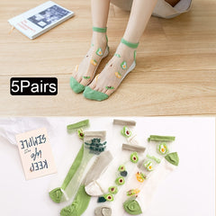 5 Pairs Avocado Pattern Crystal Glass Socks for Women