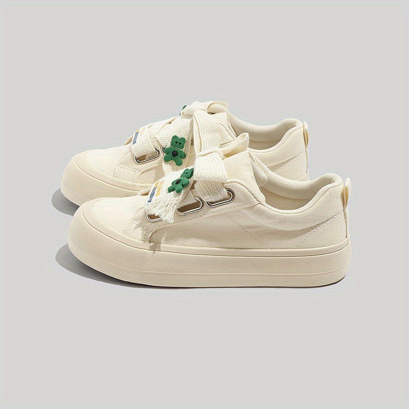 Women's Bear Decor Platform Canvas Sneakers Lace Up Skate Shoes
