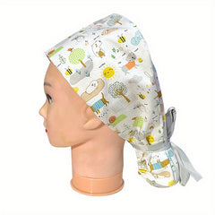 Cartoon Print Work Cap With Button For Women Long Hair