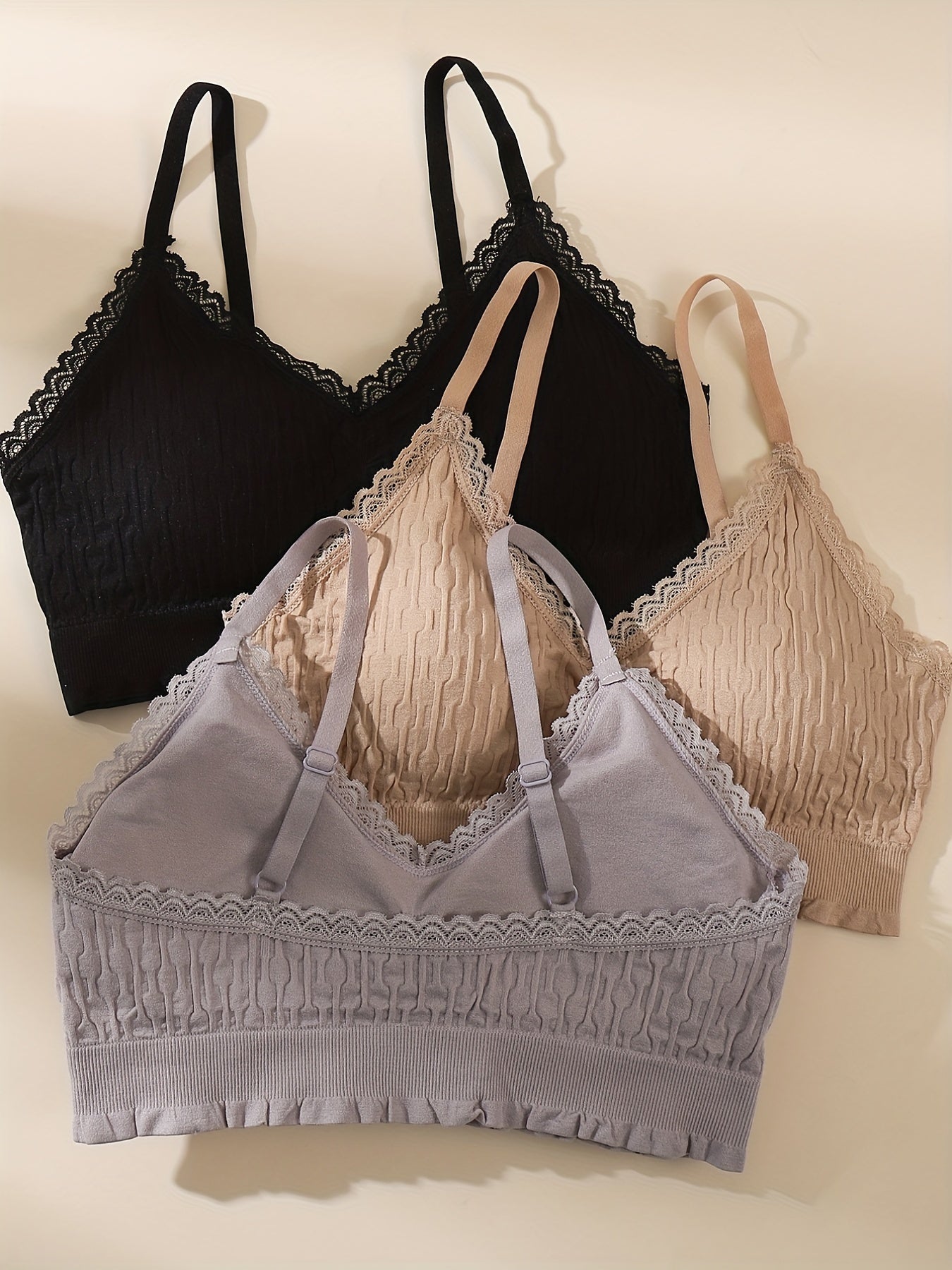 3pcs Lace Wireless Bras, Comfy & Breathable Intimates