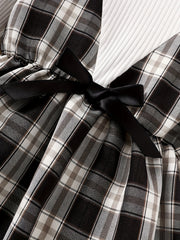 Toddler Girls Plaid Casual Dress Set with Bow