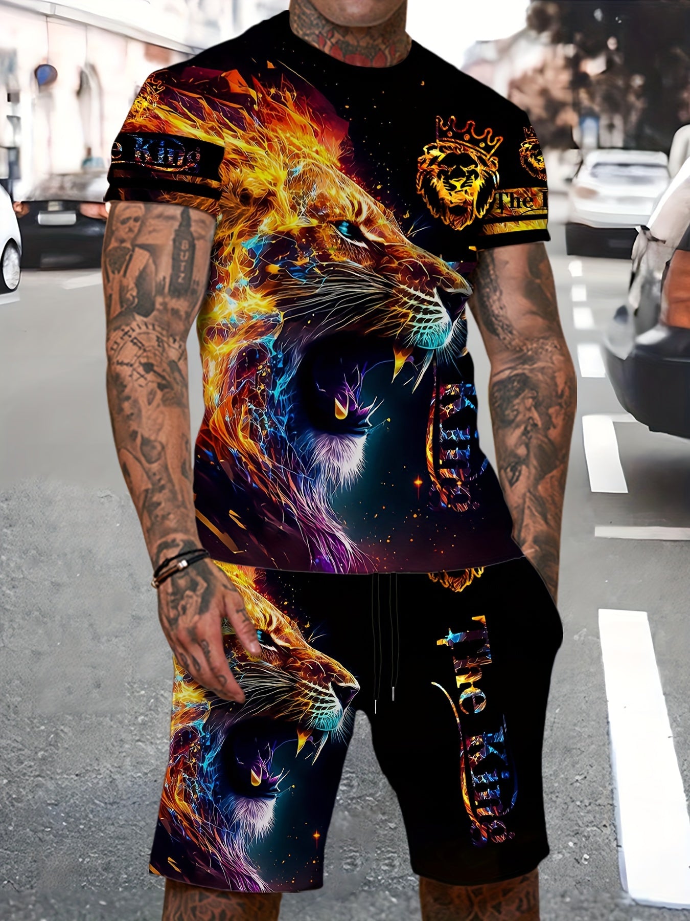 Lion 3d Pattern Mens 2 Piece Outfits Short Sleeve T shirt And Shorts Set