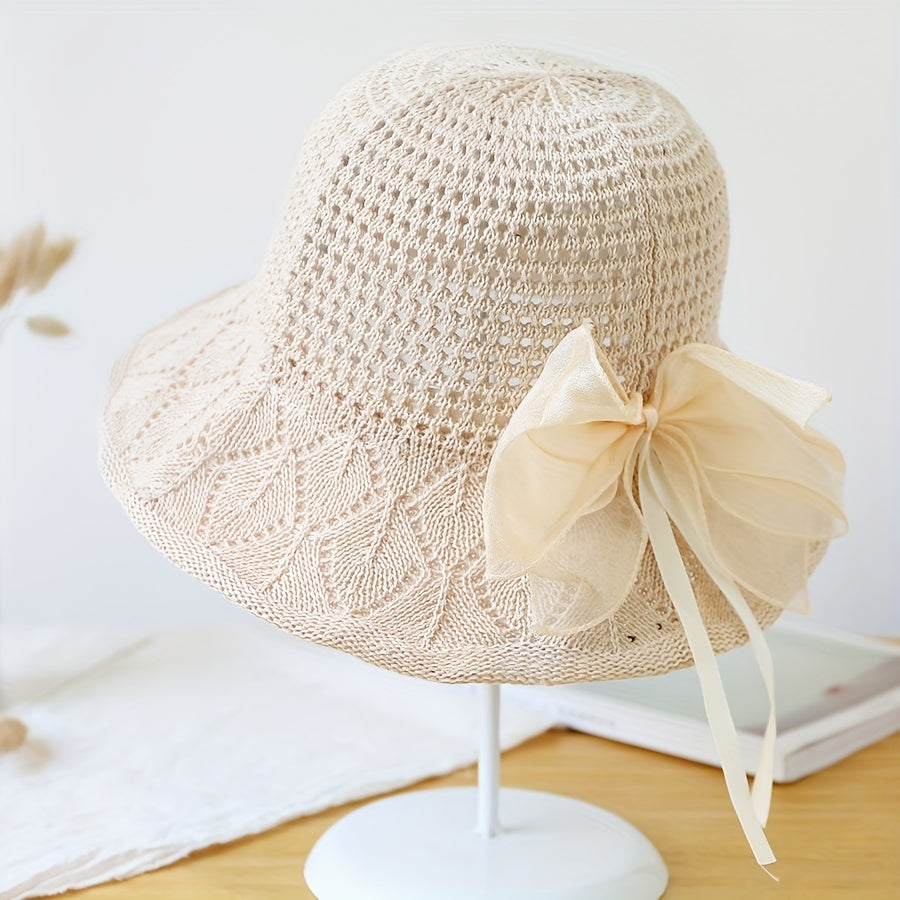 Bow Decor Bucket Hat Hollow Crochet Breathable Basin Hat Sun Hat