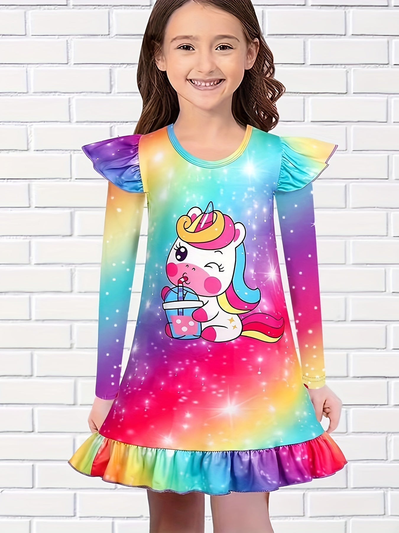 Girls Unicorn Print Flutter Trim Dress Spring Fall Christmas Gift