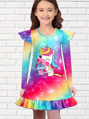 Girls Unicorn Print Flutter Trim Dress Spring Fall Christmas Gift