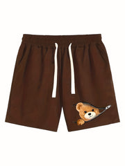 BEAR Print Shorts Men's Comfy Loose Drawstring Shorts Men Clothes For Summer