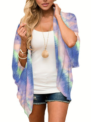 Tie Dye Cover Up Shirt V Neck Loose Fit Long Sleeves Beachwear Cardigans