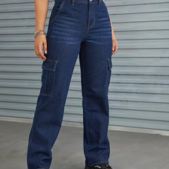 Cargo Pants Washed Loose Fit High Waist Straight Jeans Women's Denim Jeans